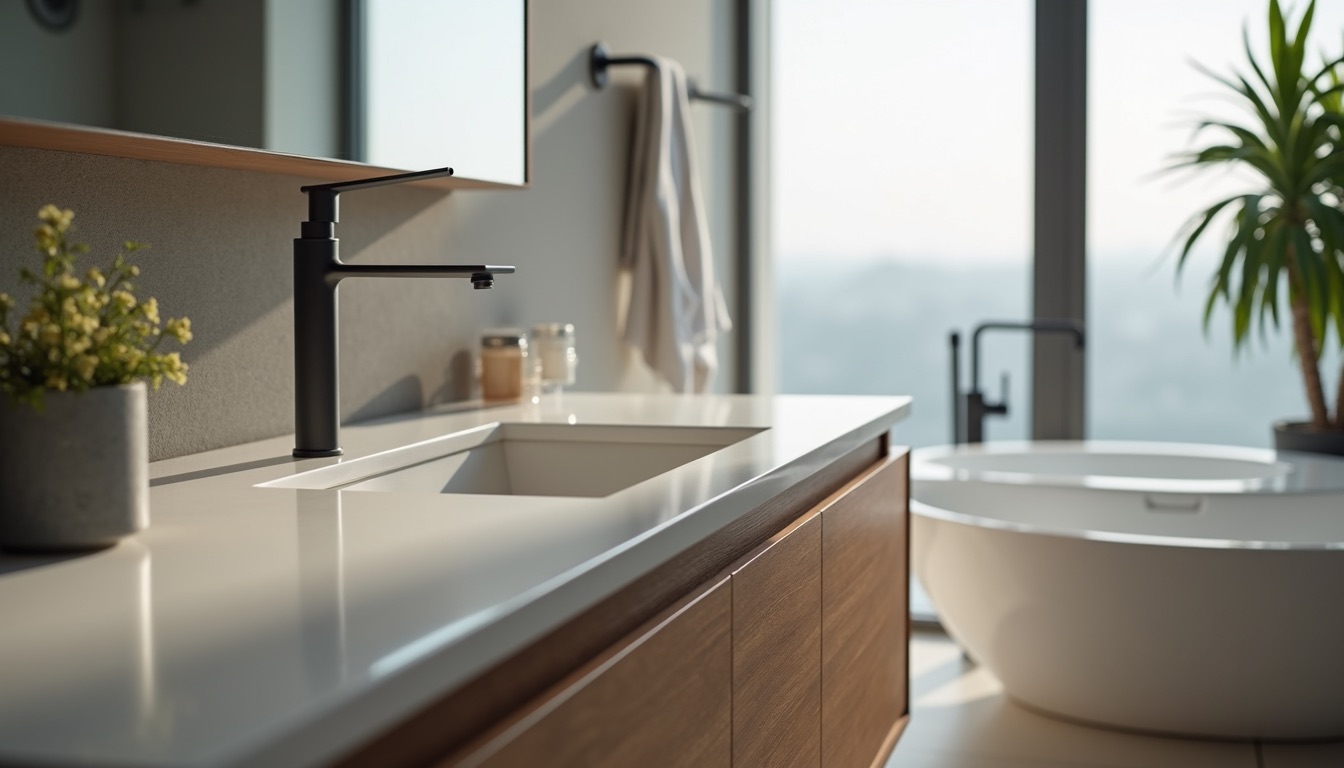 Close-up view of a floating vanity with built-in storage and modern faucet