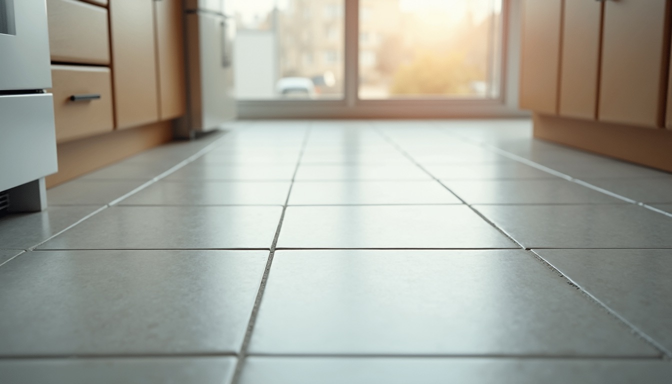 High angle view of a clean kitchen floor with tiled surface and grout
